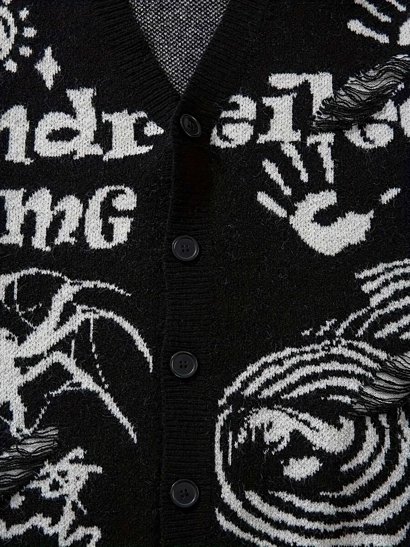 Men's Distressed Graphic Knit Cardigan Relaxed Fit Streetwear Sweater
