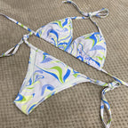 Blue and Green Abstract Swirl Print Triangle String Bikini