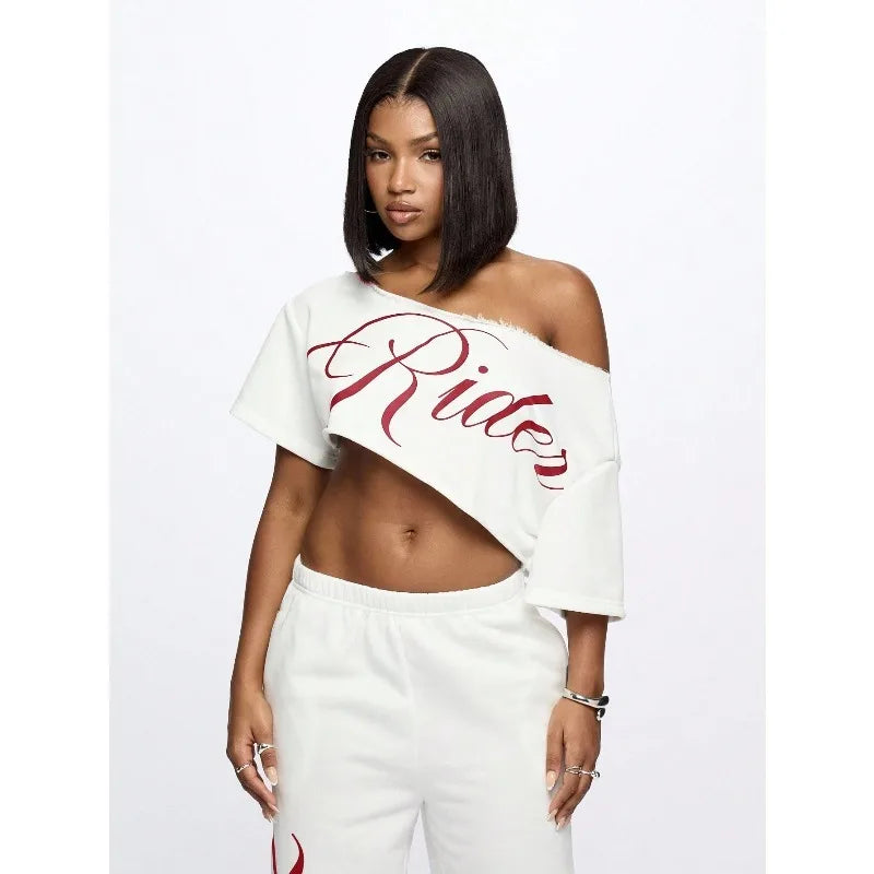 Women's Asymmetric Off Shoulder Graphic Crop T-Shirt for Modern Streetwear and Casual Everyday Style