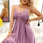 Crimson Red Lace Bodice Chemise with V-Neckline and Ruffled Hem