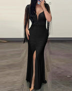 Ruched Sequin Evening Dress With Floor Length Silhouette And Slit