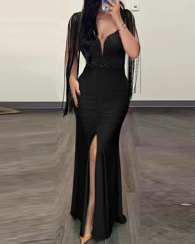 Ruched Sequin Evening Dress With Floor Length Silhouette And Slit