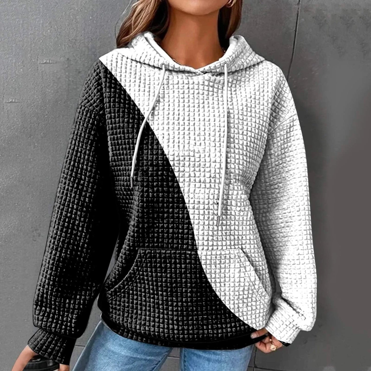 Women's Oversized Color Block Waffle Knit Hoodie for Relaxed Everyday Streetwear Style
