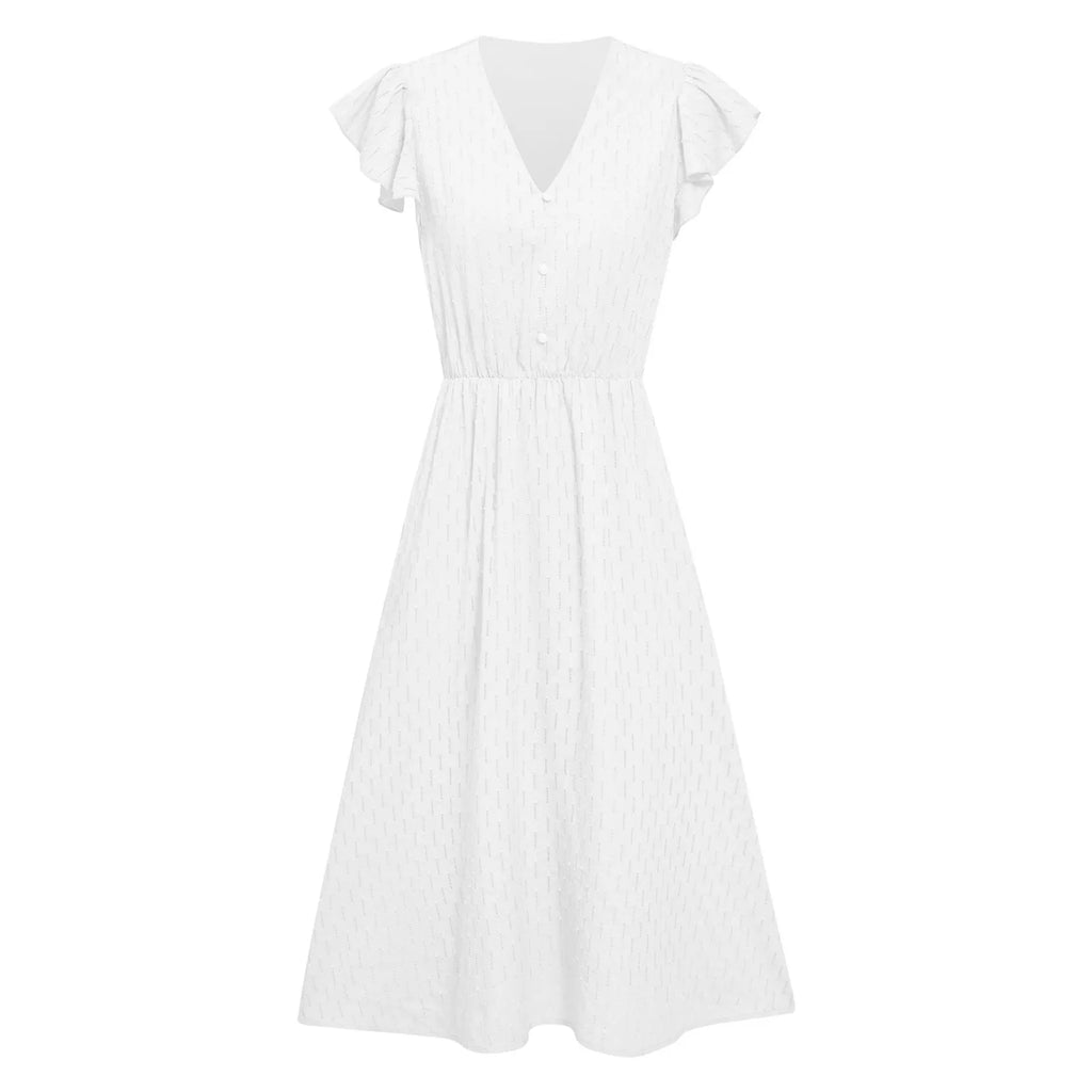 Flutter Sleeve V-Neck Button Front Midi Dress With Elegant Everyday Silhouette