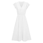 Flutter Sleeve V-Neck Button Front Midi Dress With Elegant Everyday Silhouette