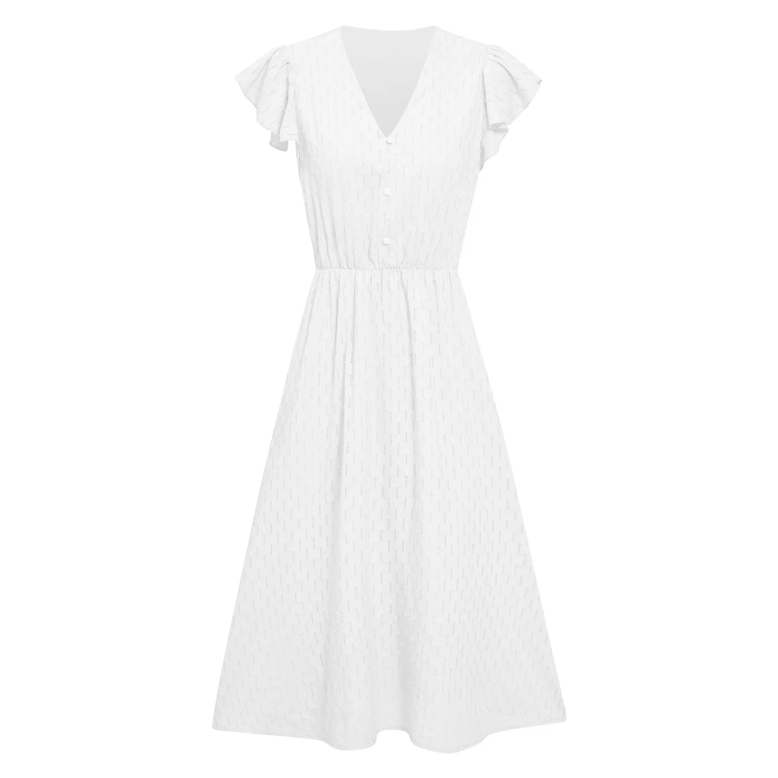 Flutter Sleeve V-Neck Button Front Midi Dress With Elegant Everyday Silhouette