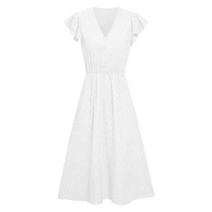 Flutter Sleeve V-Neck Button Front Midi Dress With Elegant Everyday Silhouette