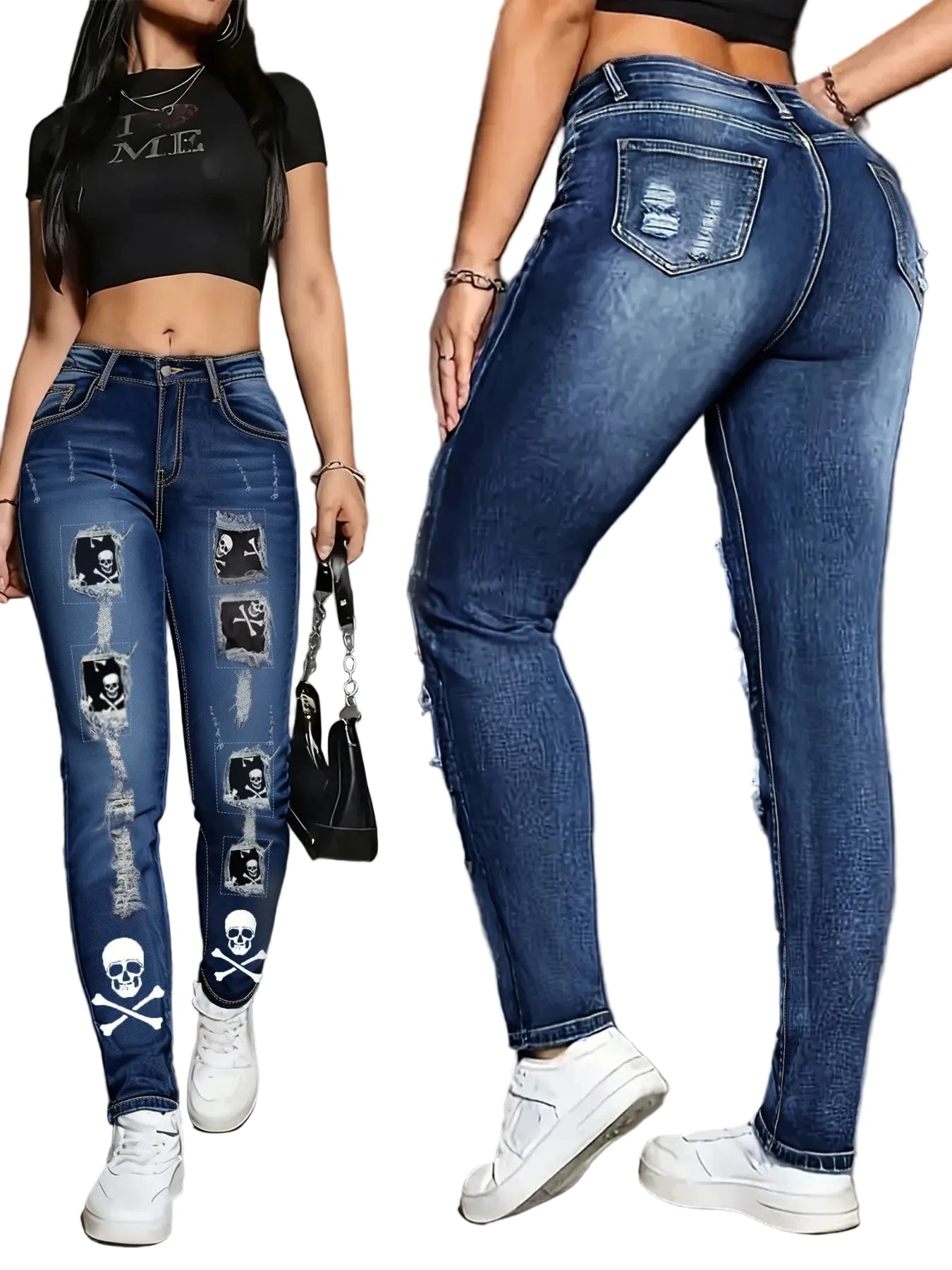 Women's Mid-Rise Patchwork Detail Slim Straight Denim Jeans with Comfortable Stretch Everyday Style