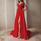 Off Shoulder Maxi Dress With Deep Neckline And Front Slit