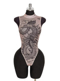 Sheer Printed Mesh High Neck Bodysuit for Gothic Alternative Fashion