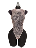 Sheer Printed Mesh High Neck Bodysuit for Gothic Alternative Fashion