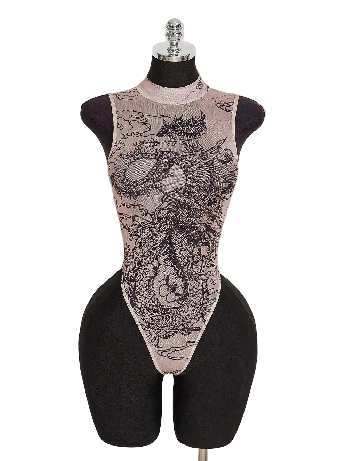 Sheer Printed Mesh High Neck Bodysuit for Gothic Alternative Fashion