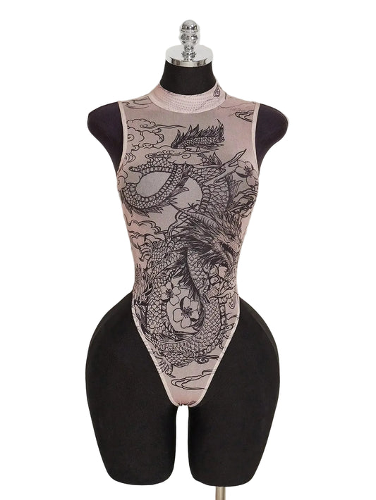 Sheer Printed Mesh High Neck Bodysuit for Gothic Alternative Fashion