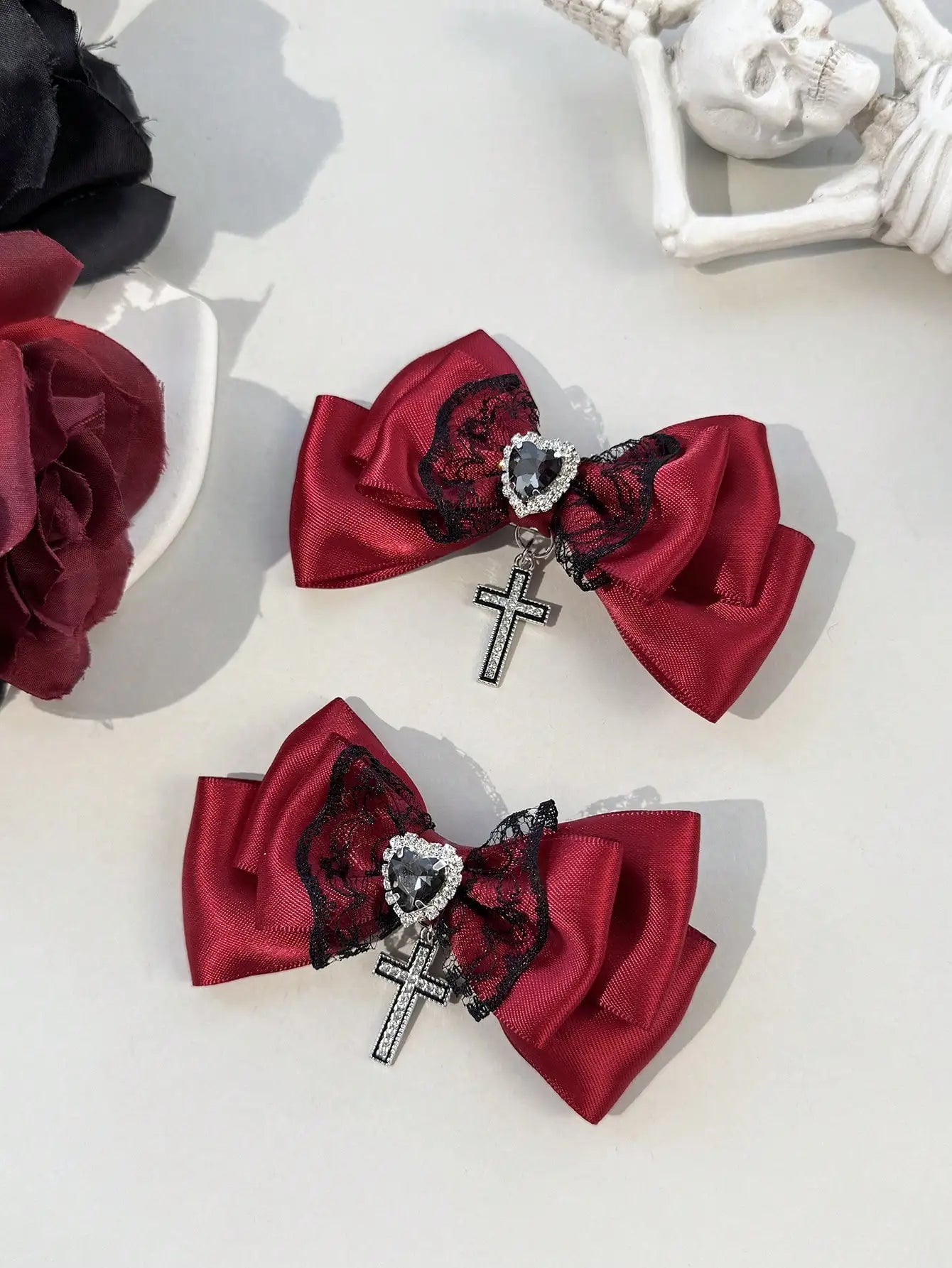 Gothic Lace Bow Hair Clips With Cross Chain Statement Accents