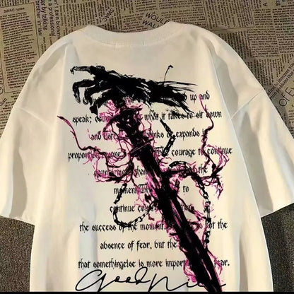 Dark Graphic Streetwear Cotton Blend T-Shirt With Edgy Print Artwork