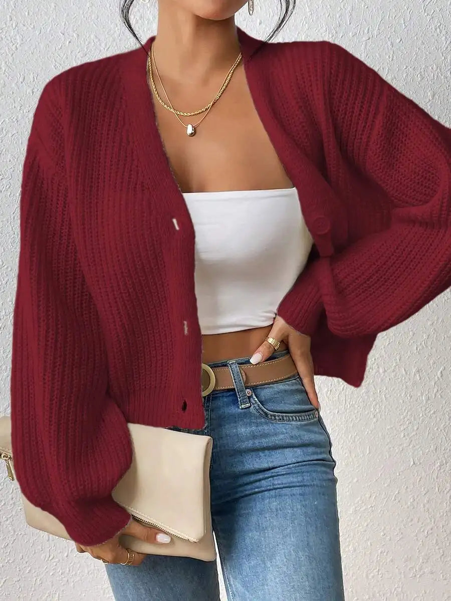 Women's Ribbed V Neck Button Front Cardigan with Cropped Relaxed Fit