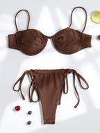 Solid Espresso Underwire Balconette Bikini Set with Sheer Wrap Skirt