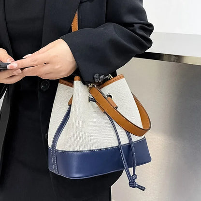 Contrast Panel Bucket Crossbody Shoulder Bag with Drawstring Closure