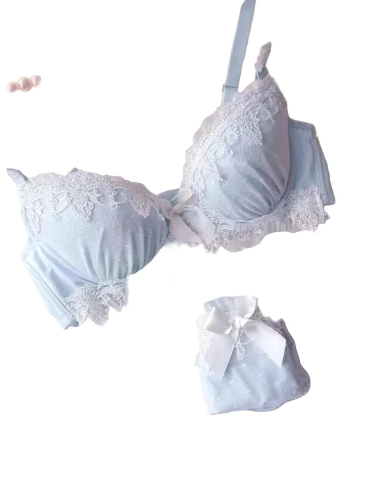 Pastel Pink Water-Soluble Lace Bra and Panty Set with Ribbon Details