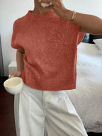 Women's Floral Crew Neck Knit Sweater with Relaxed Summer Short Sleeves