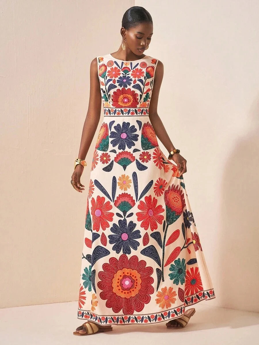 Vibrant Botanical Print Sleeveless Maxi Dress with Elegant Round Neckline