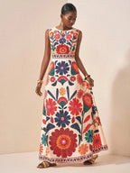Vibrant Botanical Print Sleeveless Maxi Dress with Elegant Round Neckline