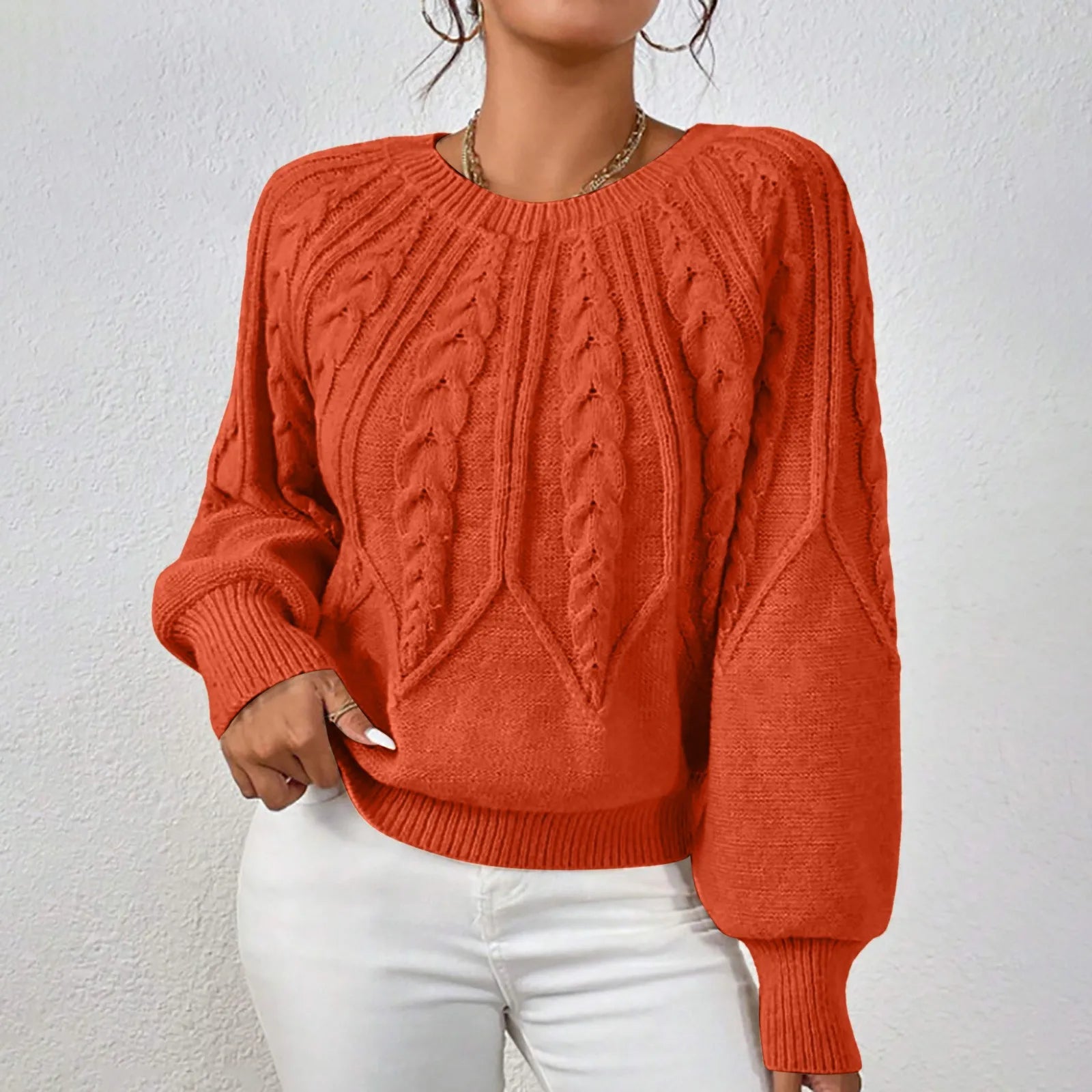Women's Textured Cable Knit Crew Neck Relaxed Fit Sweater Pullover