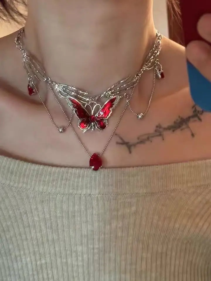 Layered Butterfly Choker Necklace with Crystal Drop Dark Romantic Gothic Style