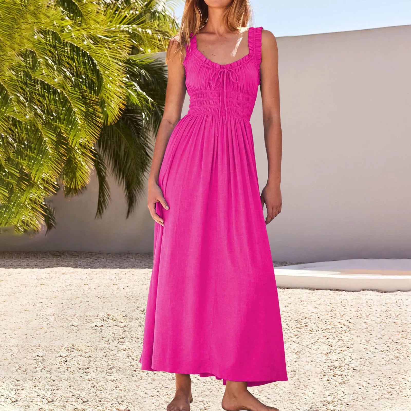 Sleeveless Lace Up Maxi Dress with Relaxed A-Line Boho Silhouette
