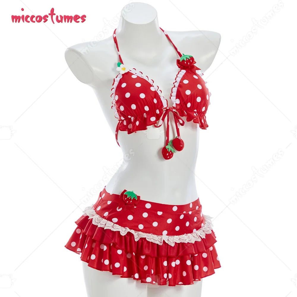 Women's Strawberry Print Polka Dot Bikini Set with Ruffled Details, Vintage-Inspired Two-Piece Swimwear and Cute Y2K Styling