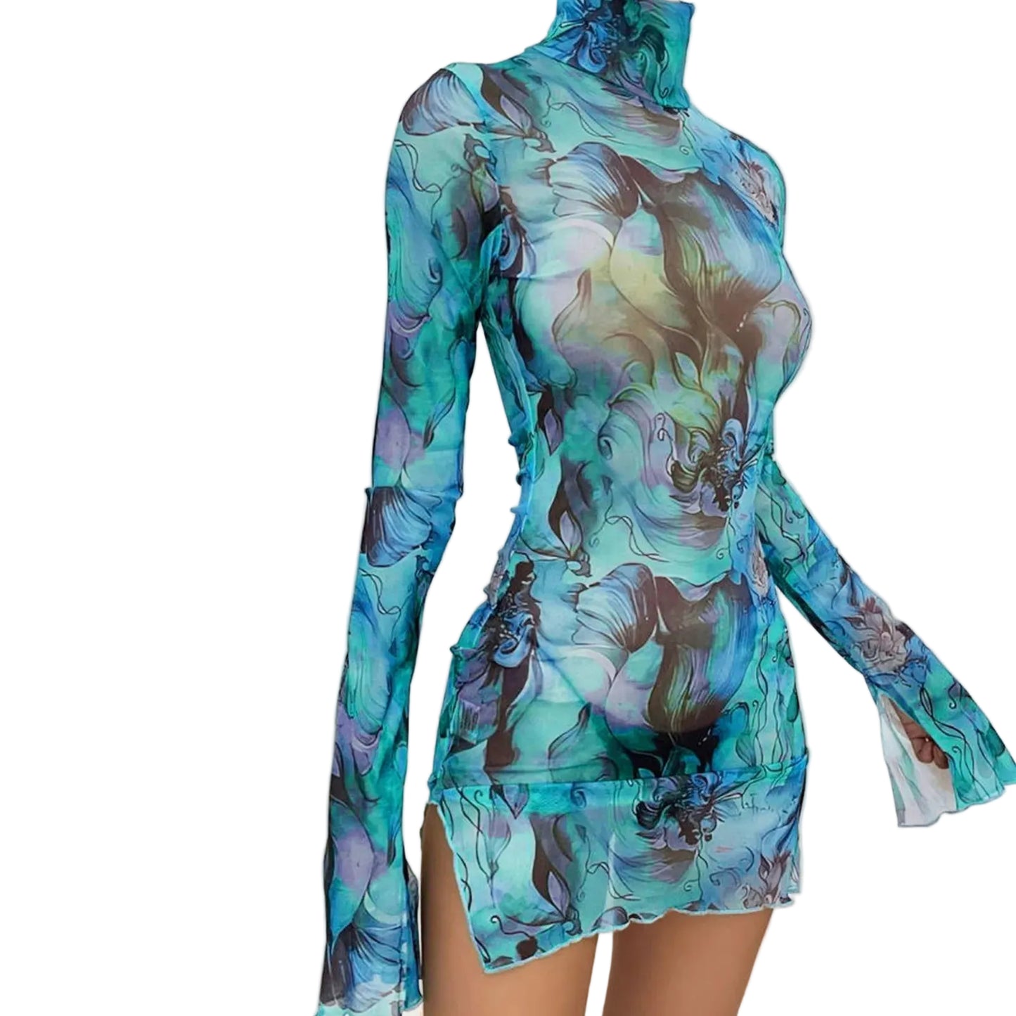 Abstract Print High Neck Bodycon Alternative Fashion Mini Dress