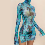 Abstract Mesh Bodycon Mini Dress with Bell Sleeves and Sheer Streetwear Styling