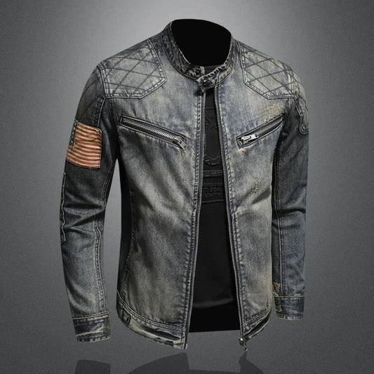 Men's Vintage-Inspired Zip-Up Denim Jacket with Stand Collar Design