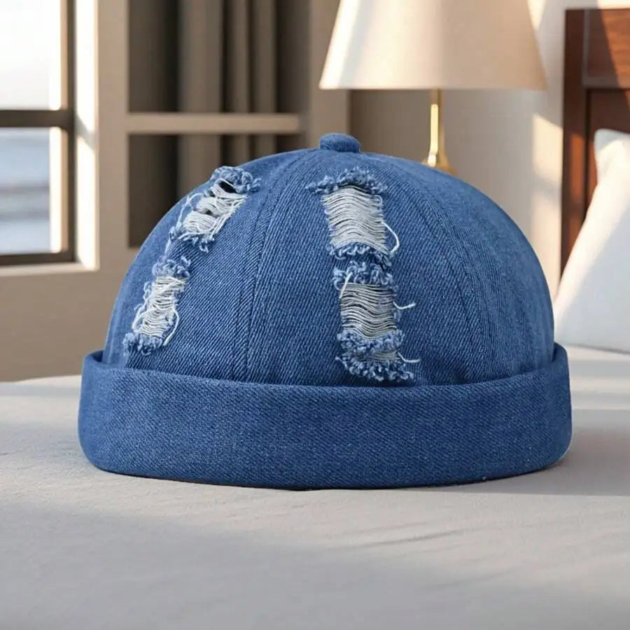 Vintage Washed Denim Skull Cap Distressed Casual Streetwear Fisherman Style Hat