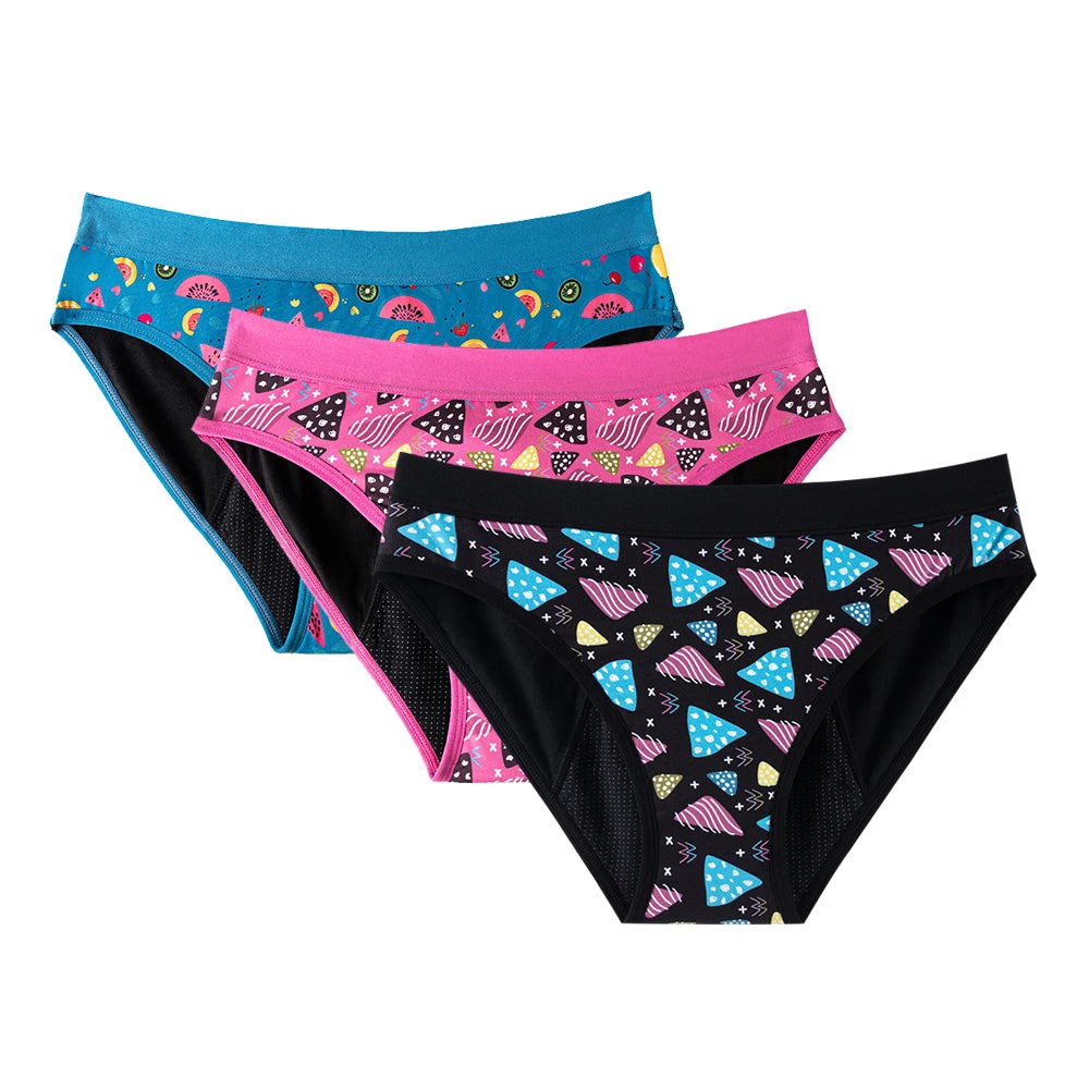 Three-Piece Floral Print Menstrual Brief Set with Contrast Waistbands
