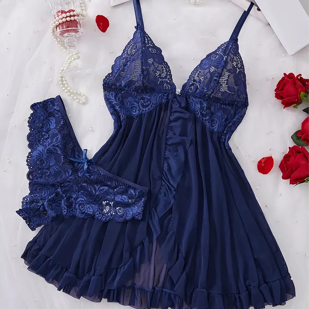 Romantic Red Sheer Mesh Babydoll Set with Embroidered Lace Cups