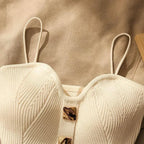 Ribbed Button Front Crop Top with Spaghetti Straps Contemporary Streetwear Style