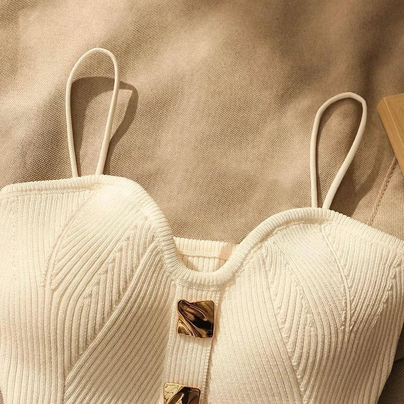 Ribbed Button Front Crop Top with Spaghetti Straps Contemporary Streetwear Style
