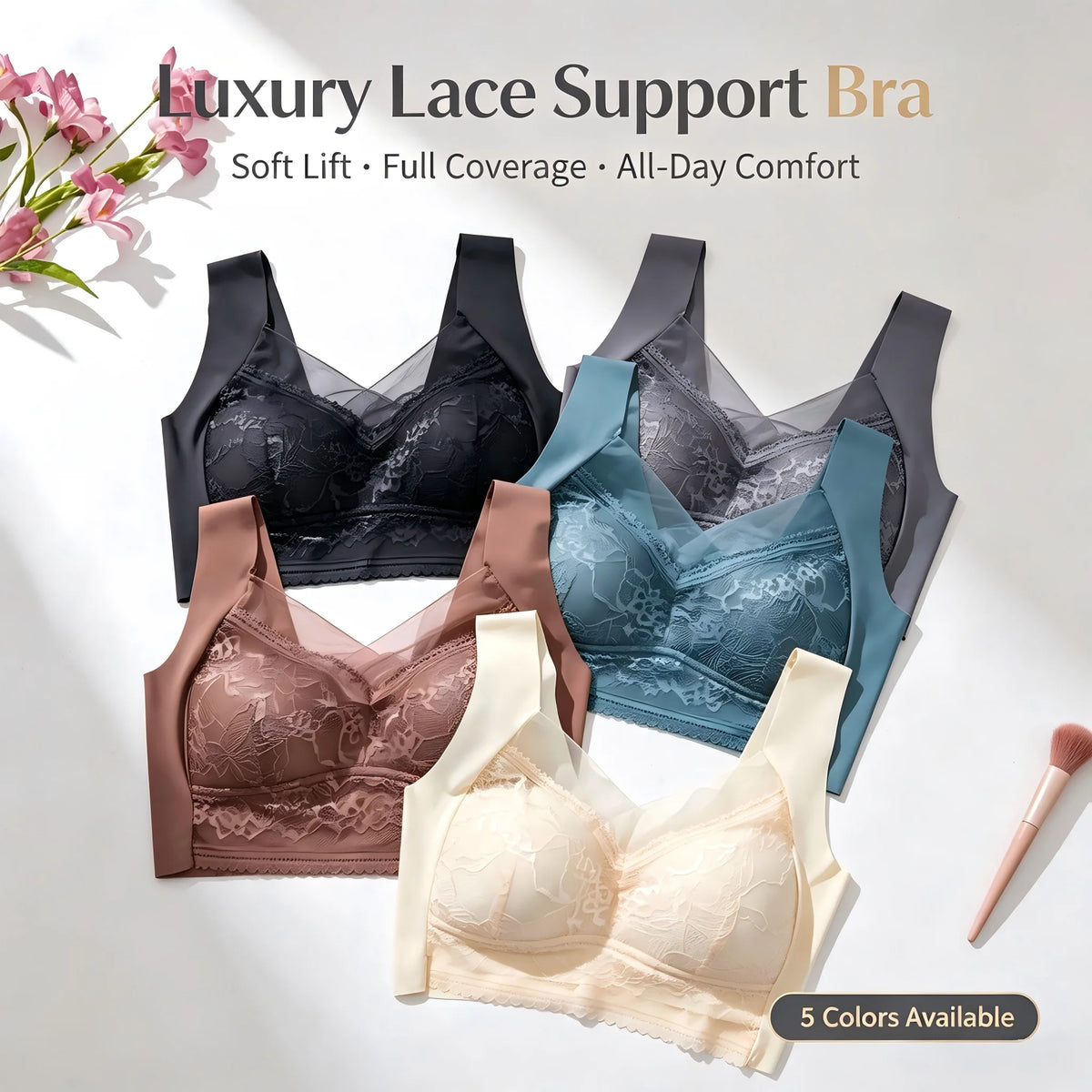 5-Pack Elegant Floral Lace Wire-Free Bras with Wide Straps and Plunging V-Neckline
