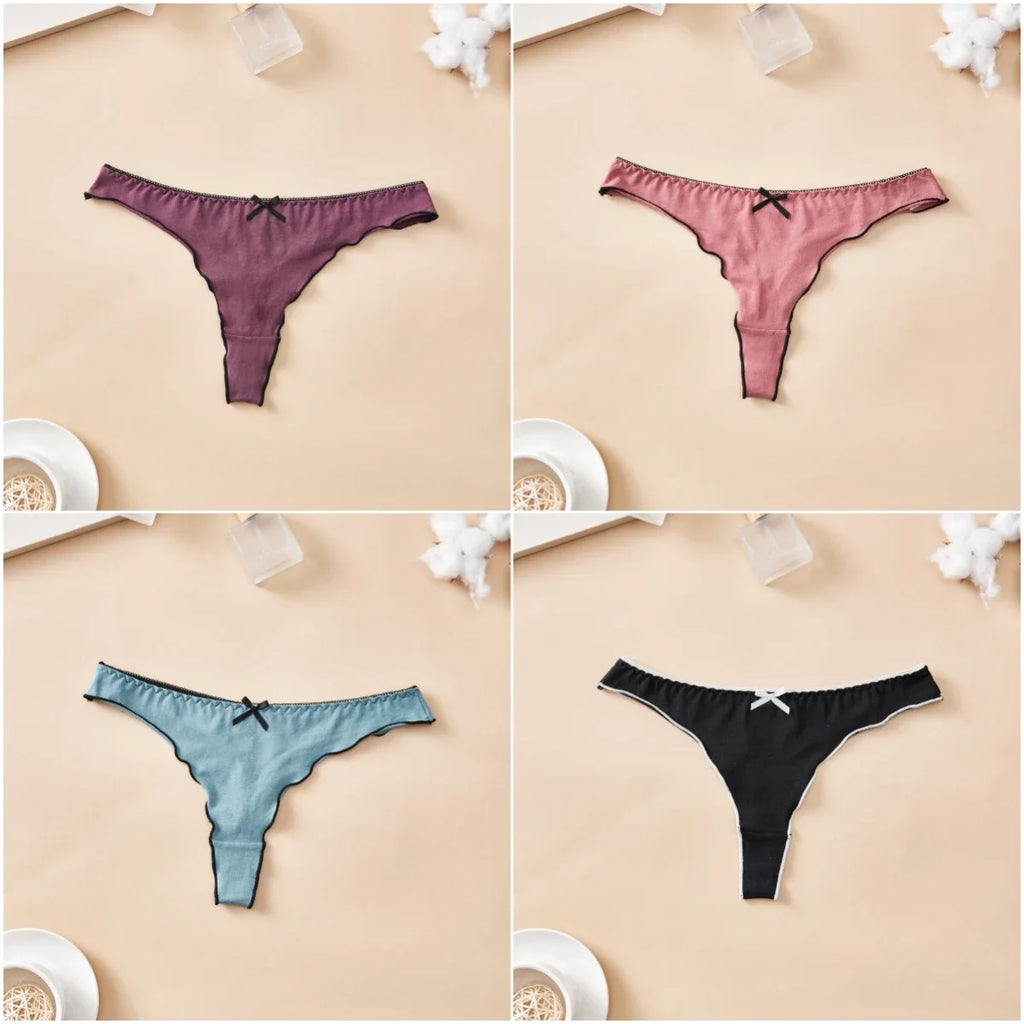 4-Piece Women’s Cotton Low-Rise Thong Panties Set with T-Back Silhouette, Decorative Bow Detail and Assorted Solid Colors