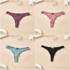 4-Piece Women’s Cotton Low-Rise Thong Panties Set with T-Back Silhouette, Decorative Bow Detail and Assorted Solid Colors