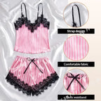 Pink Satin-Stripe Pajama Set with Lace-Trim Camisole Top, Matching Shorts and Delicate Spaghetti Straps