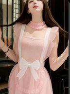 Playful Pink Sheer Mesh Mini Dress with Ruffled Straps and White Bow Detailing