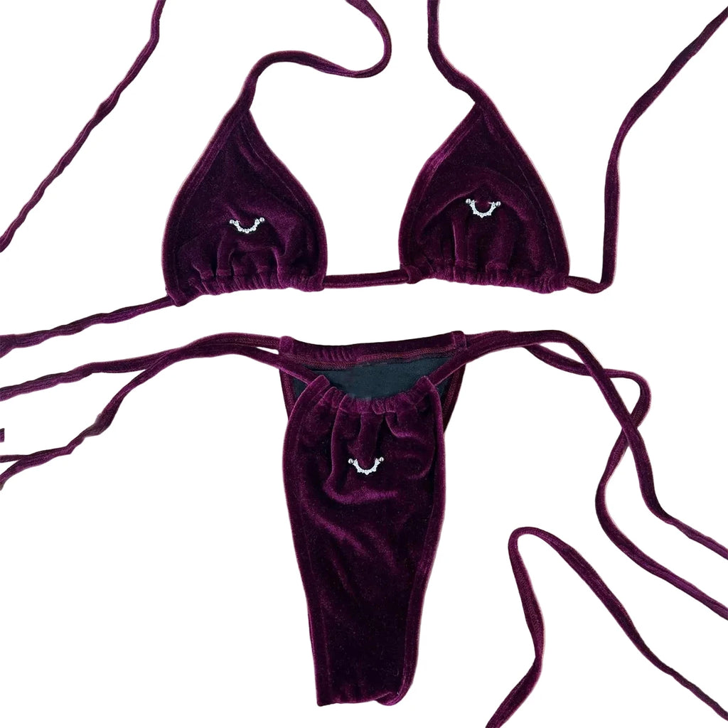 Deep Plum Velvet-Texture String Bikini with Delicate Hardware Accents