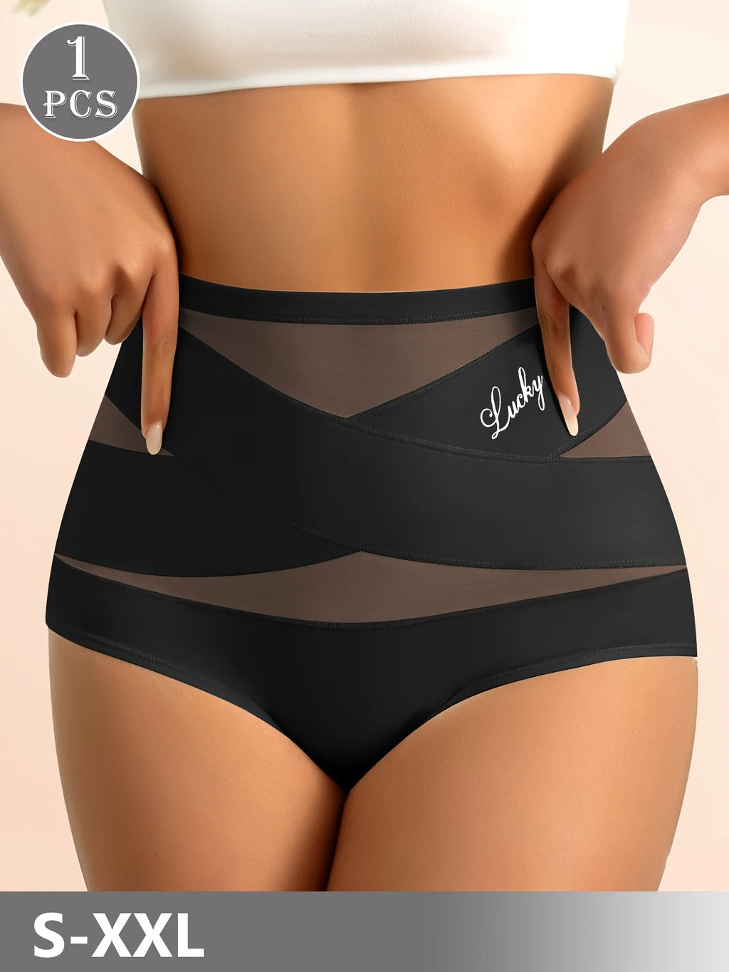 High-Waisted Geometric Mesh Panel Brief with Solid Base