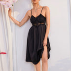Sleek Black Satin-Finish Chemise Nightdress with Sheer Lace Bodice Patchwork