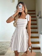 Tie Shoulder Striped A-Line Mini Dress with Square Neck Design