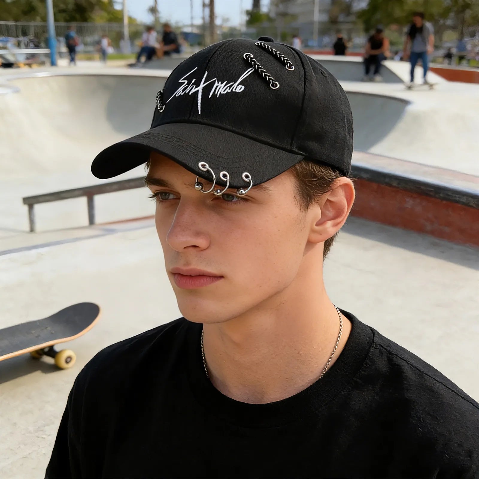 Embroidered Adjustable Baseball Cap with Decorative Metal Accents for Contemporary Streetwear Fashion