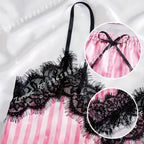 Pink Satin-Stripe Pajama Set with Lace-Trim Camisole Top, Matching Shorts and Delicate Spaghetti Straps
