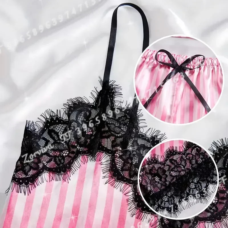 Pink Satin-Stripe Pajama Set with Lace-Trim Camisole Top, Matching Shorts and Delicate Spaghetti Straps